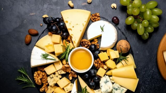 Artistic cheese platter arrangement featuring assorted cheeses, grapes, nuts, and honey on a dark textured surface