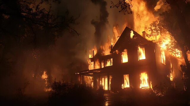 Burning House at Night Surrounded by Trees