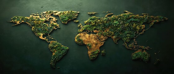 A textured world map with continents in earthy tones and lush green patches, set against a deep ocean backdrop. Travel, geography, or eco-friendly themes.