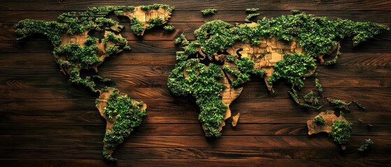 World map carved into wood with lush green moss covering continents, blending nature and craftsmanship. Eco, travel, decor themes.