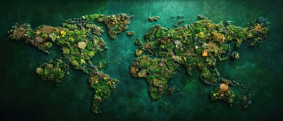 A textured world map with continents in earthy tones and lush green patches, set against a deep ocean backdrop. Travel, geography, or eco-friendly themes.