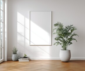 Minimalist blank canvas frame on a clean wall. Perfect mockup for artwork, poster designs, interior scenes, or product presentation.