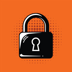 minimal padlock pop art symbol vector with vibrant orange background and halftone dot pattern