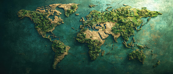 A textured world map with continents in earthy tones and lush green patches, set against a deep ocean backdrop. Travel, geography, or eco-friendly themes.
