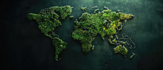 A textured world map with continents in earthy tones and lush green patches, set against a deep ocean backdrop. Travel, geography, or eco-friendly themes.