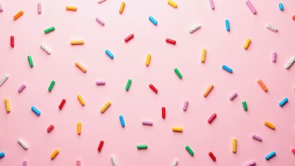 trendy pattern of colorful sprinkles for background of design banner, poster, flyer, card, postcard, cover, brochure over pink