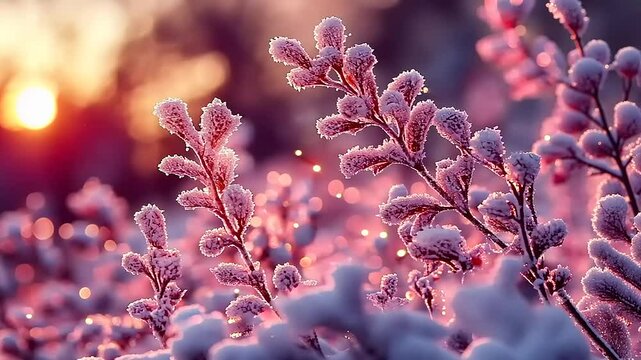 Enchanting winter scene with snow-covered flora bathed in soft pink sunset light