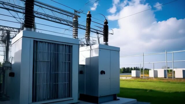 Rows of electrical power transformers and overhead high voltage power lines at a distribution substation under a blue sky with clouds