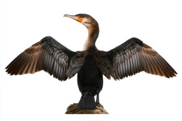 Obraz premium A majestic cormorant bird with outstretched wings displays its impressive plumage and powerful wingspan against a clean white background, highlighting its natural beauty.