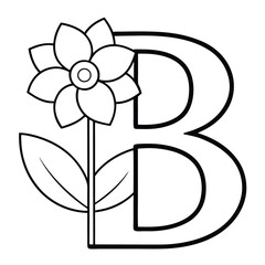 Black and white illustrated letter b with a blooming flower and leaf design