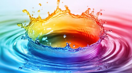 A vibrant circular splash of rainbow colored liquid creates a dynamic and colorful abstract design.