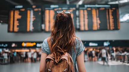 A young woman traveler looking at the departure board at the airport