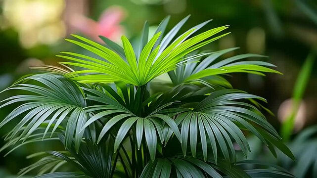 Exotic parlor palm plant with vibrant green fronds thrives in a tropical garden setting