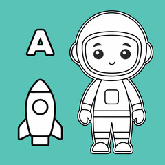 Cute astronaut illustration with rocket and letter a on a turquoise background for education