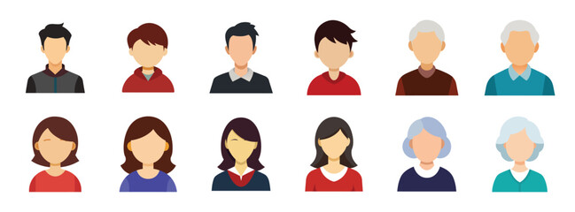 Collection of male and female human profile faceless avatar on white background