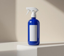 Blue spray bottle mockup with blank label on white platform