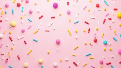 trendy pattern of colorful sprinkles for background of design banner, poster, flyer, card, postcard, cover, brochure over pink