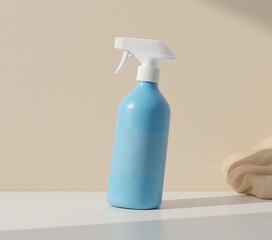 Light blue spray bottle on white surface minimalist product mockup