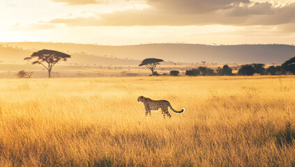 Naklejka premium Wild cheetah walking through African grasslands during safari