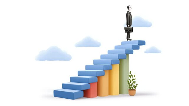3d businessman climbing colorful bar steps symbolizing career growth with copy space