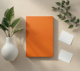 Orange book mockup with plants and blank cards