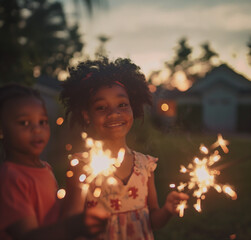 Smiling children play with sparklers on Independence Day. Warm golden glow of July 4th traditional fireworks.