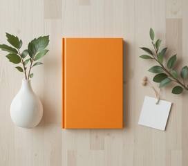 Orange book mockup with greenery and blank tag