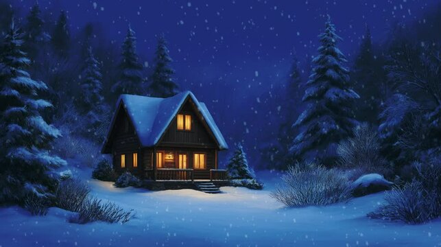 cozy wooden cabin with glowing windows in snowy night forest with copy space