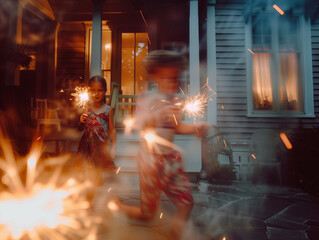 Children  Play with sparkler on the Fourth of July, Independence Day fireworks fun