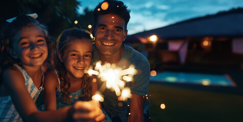 young happy family holds sparklers for the Fourth of July in front of a pool. A father and his daughters outdoors in the evening, Independence Day fireworks celebration.