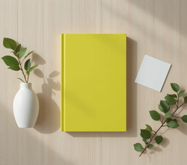 Flatlay mockup yellow book with greenery and notecard