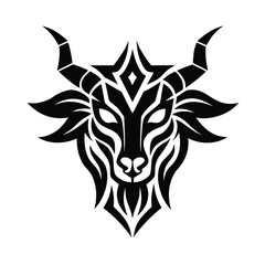 Stylized Goat Head with Horns Black and White