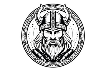 Obraz premium Black and white portrait of a frowning angry Celtic warrior in a horned helmet, Viking or Gallic warrior,