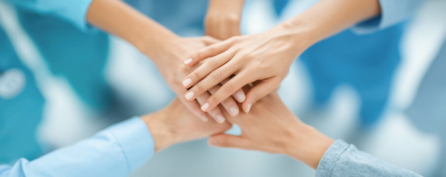 Community of healthcare workers reaching a goal hand in hand at hospital meeting. Support and collaboration in medical missions concept.