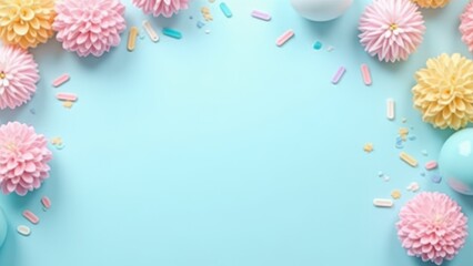 Flat lay decoration party concept pastel blue border top view