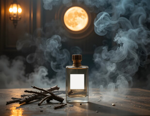 Luxury perfume bottle mockup with smoke and moon