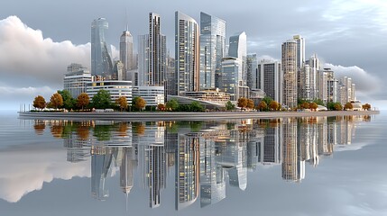 Futuristic urban buildings with fog reflections high resolution photo