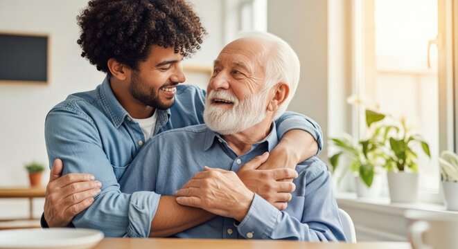 A young man hugs his grandfather, smiling warmly and showing the bond of a loving family.
