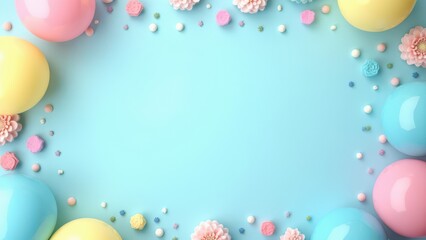Flat lay decoration party concept pastel blue border top view