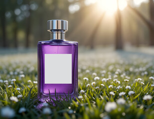 Purple perfume bottle in sunny field of flowers