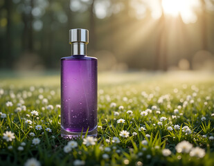 Purple perfume bottle in sunny meadow with daisies