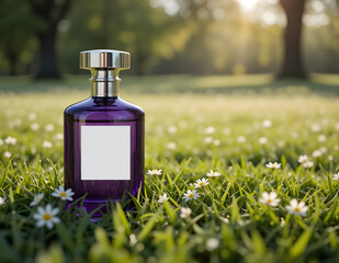 Purple perfume bottle in sunny grass field