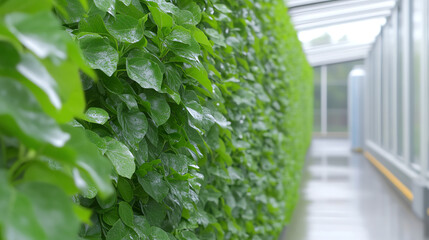 A lush green wall of leaves creates a refreshing atmosphere in a modern indoor setting, enhancing nature's beauty indoors.