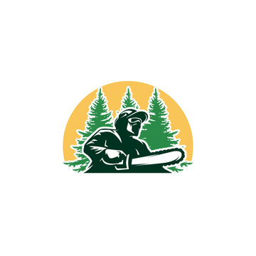 chainsaw silhouette with tree logo illustration