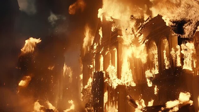Fiery Building Collapse at Night
