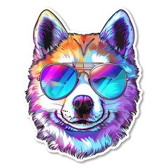 Funky Akita Inu dog illustration in holographic effect with stylish sunglasses, isolated on clean white background, for use in trendy branding, sticker collections and streetwear graphics