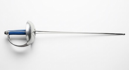 Fencing foil epee sword blade weapon sport equipment combat steel sharp blue handle white background