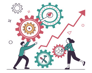 Vector illustration concept of teamwork, project management, workflow, business mechanism, research and development. Creative flat design for web banner, marketing material, business presentation.