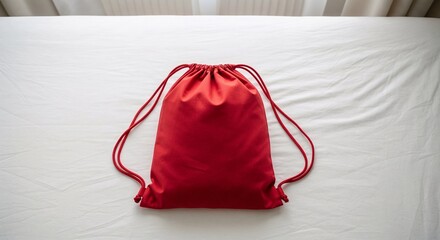 Red drawstring bag placed on a white surface  