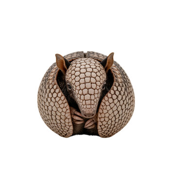 A vulnerable armadillo curls into a protective ball seeking refuge in the on transparent background